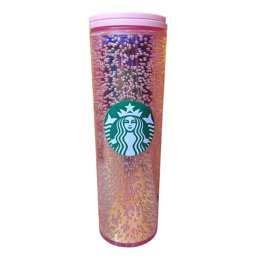 Starbucks Iridescent 16 oz tall 2020 Pink Champagne Bubble Tumbler Cup slide lid